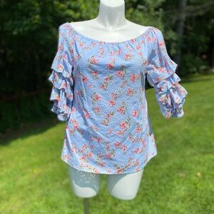 CeCe floral over pale blue eyelet ruffled sleeve peasant top w/ open hem XL